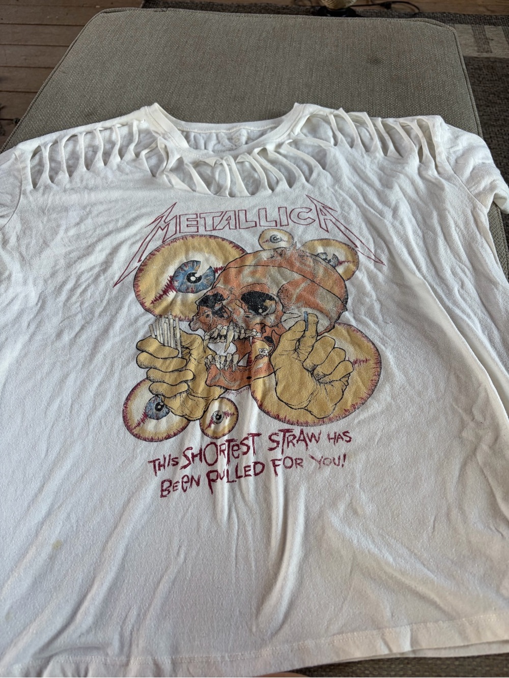 Metallica White Graphic Short-Sleeve Tee with Distressed Cutout Neckline